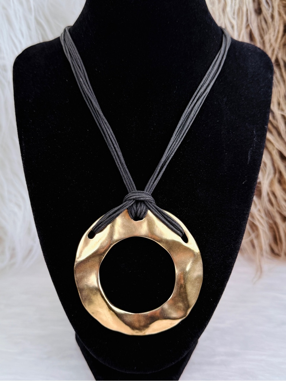 Chico's Boho Chic Aged Goldtone Large Hammered Black Statement Necklace